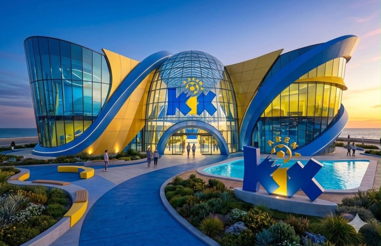 KIX Arena building at dusk: curved blue and yellow glass architecture with the KIX sign at the entrance